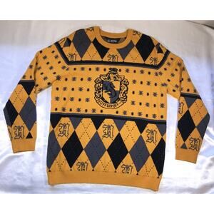 Harry Potter Hufflepuff Crest Academia Argyle Knit Sweater Gold Yellow Mens Sz L